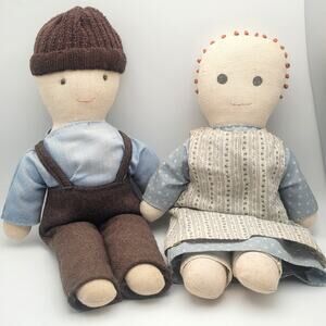 Set 2 Folk Art Primitive Cloth Dolls 1985 1986 Signed Handmade Vintage Country